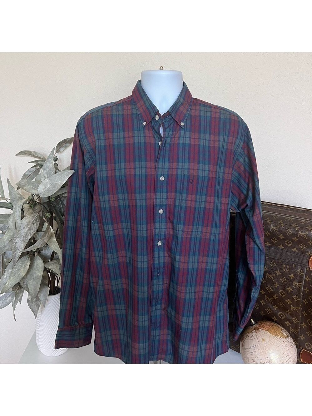 EUC Christian Dior Burgundy Green Plaid Print Button Up Shirt Sz L